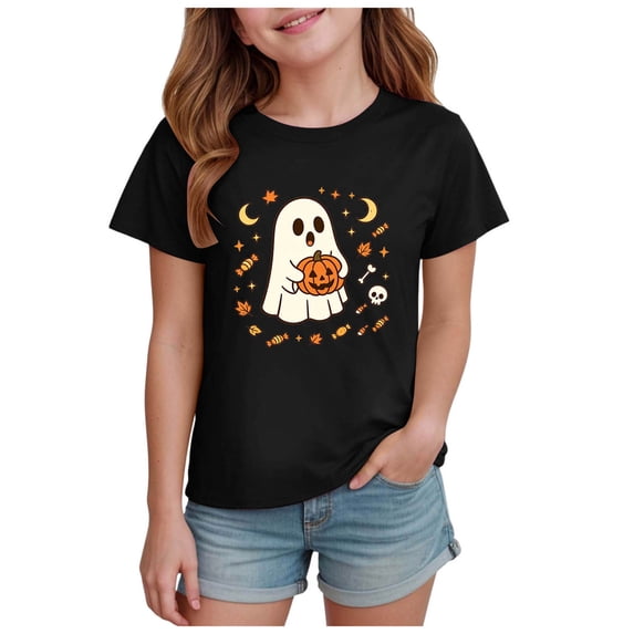 PEASKJP Halloween Shirts Kids Toddler Ghost Graphic Tee Spooky Season Fall Clothes (Black,3-4 Years)