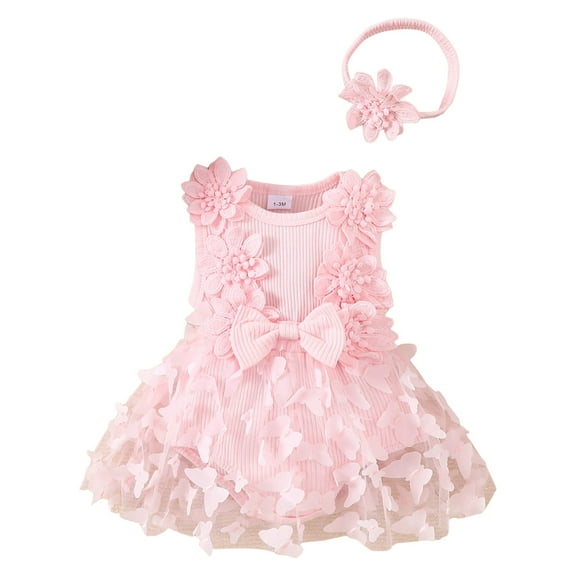 PEASKJP Infant Dresses Baby Girl Summer Clothes Cute Newborn Girl Outfits Sleeveless Lace One Piece Romper   Headband 2pcs Set 0 3 6 9 12 18 Months,Pink 12-18 Months