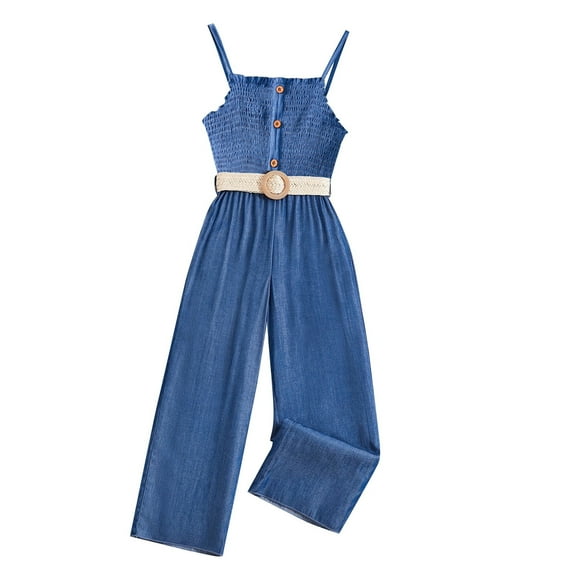 PEASKJP Jumpsuits for Girls Kids Casual Sleeveless Jumpsuits Spaghetti Strap Romper Long Pants 7-11 Years,Blue 8-9 Years