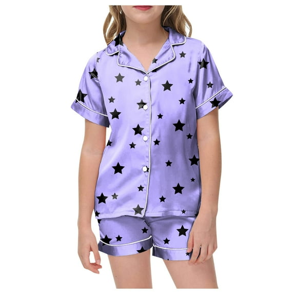 PEASKJP Kids Girls Pajama Set Silky PJS Button-Down Sleepwear Nightwear Loungewear Clothes Set Gifts2T 3T 4T 5T 6-13 Years,Purple 6-7 Years