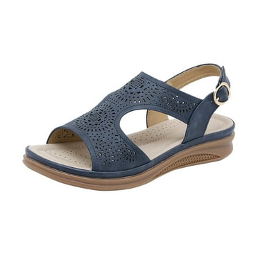 PEASKJP Ladies Sandals Wide Width Women's T-Strap Beaded Flower Rhinestone Flat Sandals Dress Beach Shoes (Navy,7.5)