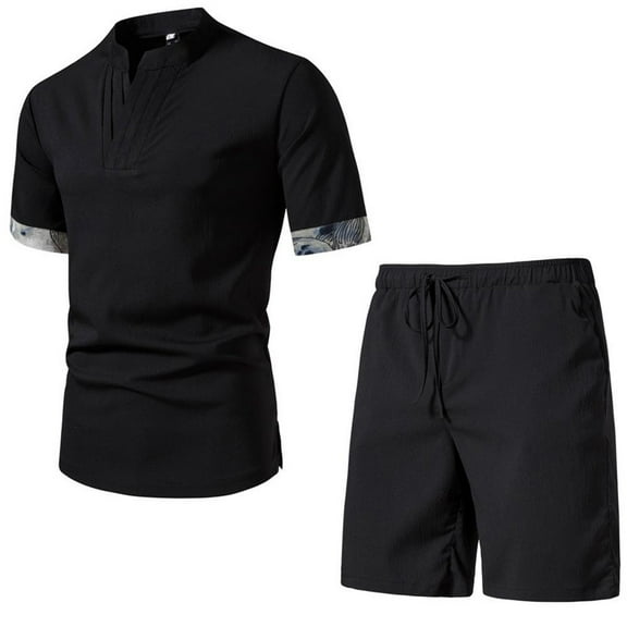 PEASKJP Matching Short Sets for Men Men Summer Casual Short Sets Short Sleeve Button Down Shirt Elastic Waist Shorts 2 Piece Outfits Tracksuit (Black,5XL)