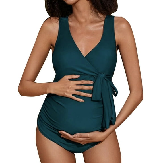PEASKJP Maternity Swimsuits for Women Women's Maternity Control Swimsuit Ribbed One Piece Bathing Suit Swimwear (Green,XL)