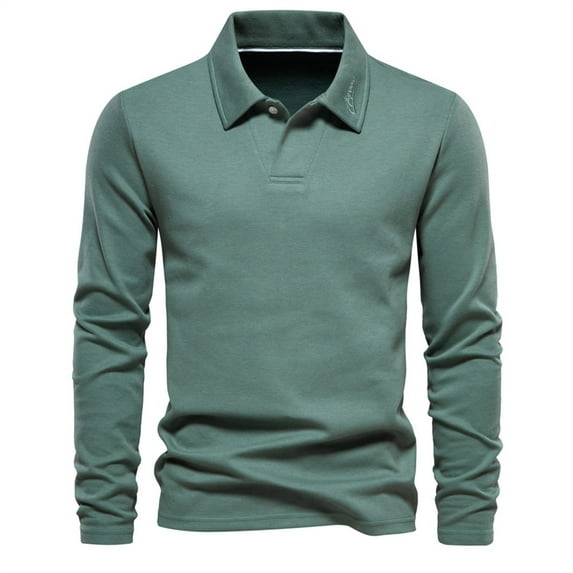 PEASKJP Men's Casual Polo Shirts Classic Button Basic Long Sleeve Shirt Solid Color Cotton Tees Stylish Tops (Green,XL)