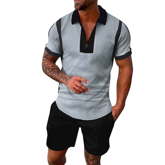 PEASKJP Men's Polo Shirt and Shorts Set Summer Outfits Fashion Casual Short Sleeve Polo Suit for Men 2 Piece Short Set (Grey,XL)