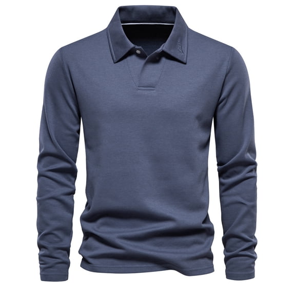 PEASKJP Men's Casual Polo Shirts Classic Button Basic Long Sleeve Shirt Solid Color Cotton Tees Stylish Tops (Blue,XL)