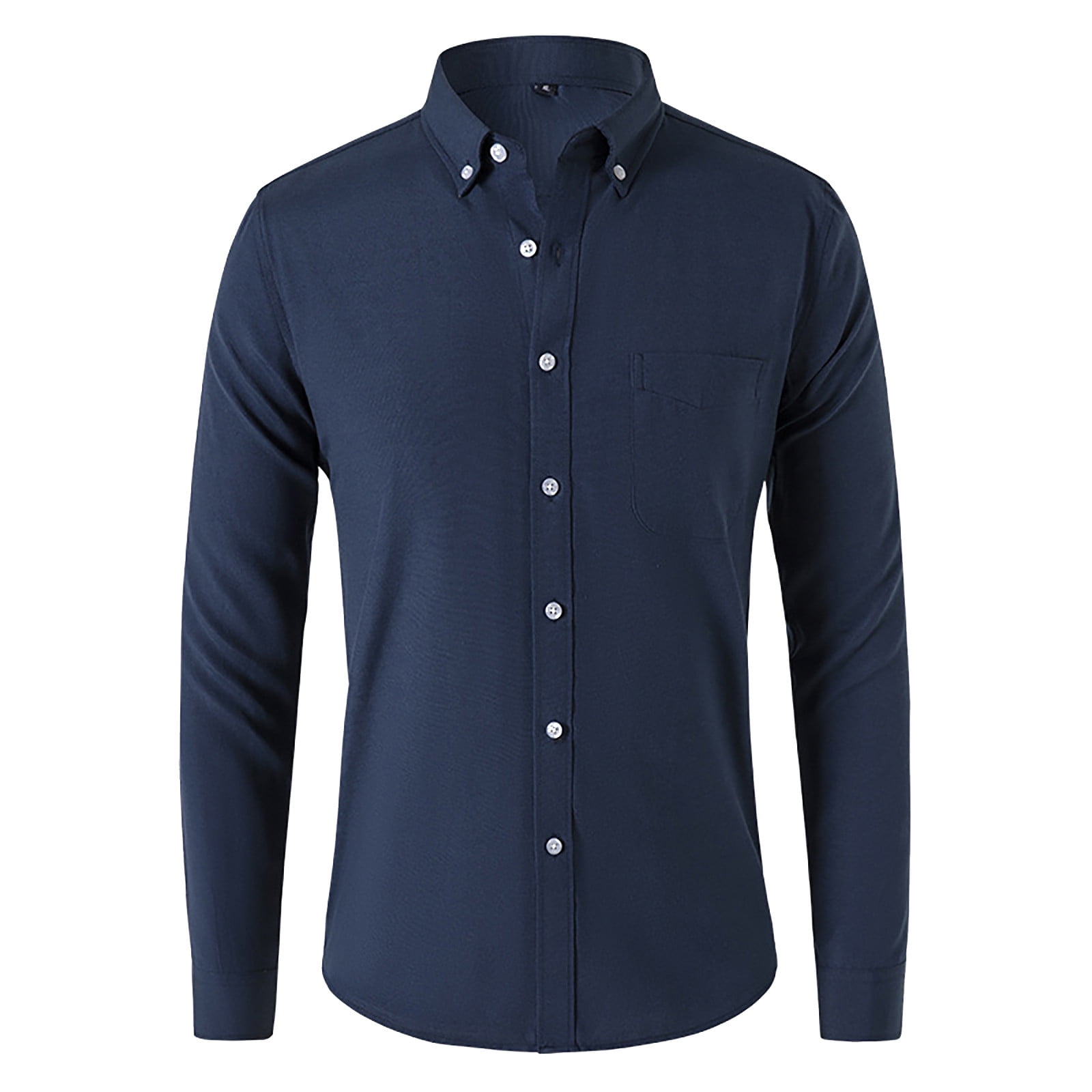 navy blue dress shirt big and tall PEASKJP Mens Big and Tall Casual Long Sleeve Band Collar Button Down Beach Shirt  Navy 2XL