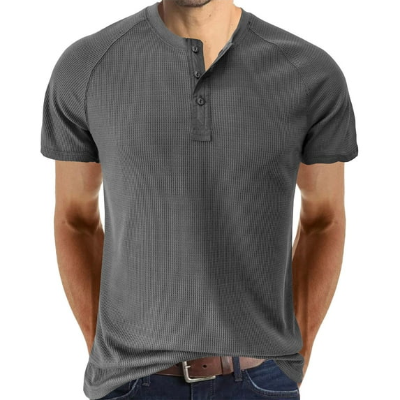 PEASKJP Mens Casual Henley Shirts Short Sleeve Athletic Workout Shirt Gym Muscle Slim Fit Basic Tops (Grey,S)
