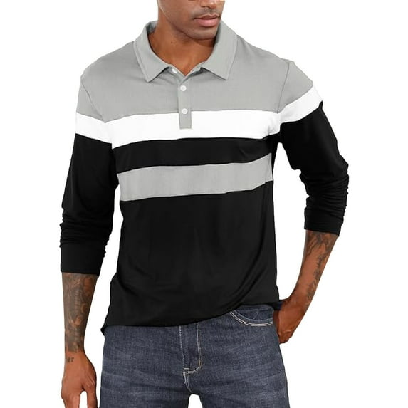 PEASKJP Mens Long Sleeve Polo Shirts Casual Moisture Wicking Golf Polo Shirts (Black,2XL)