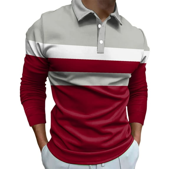 PEASKJP Mens Long Sleeve Polo Shirts Casual Moisture Wicking Golf Polo Shirts (Red,3XL)