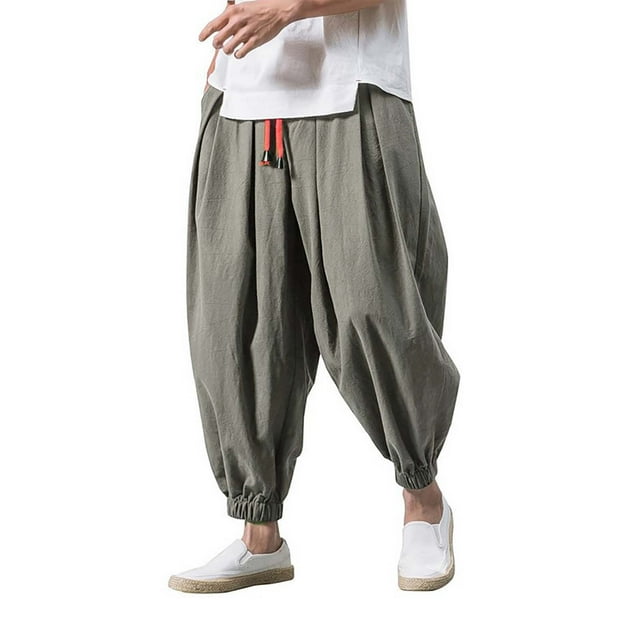 PEASKJP Mens Pants Relaxed Mens Casual Linen Pants Loose Fit Straight Legs Elastic Drawstring Waist Summer Beach Yoga Long Pants (GY2,M)