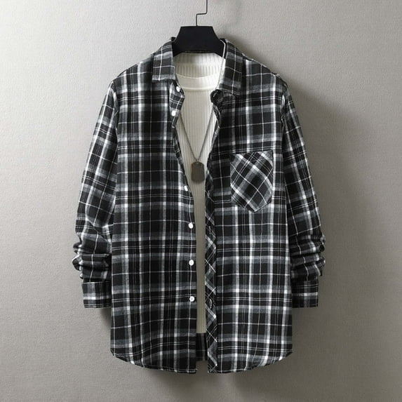 PEASKJP Mens Shirt Mens Winter Dress Long Sleeve Button Up Shirt (Black,L)
