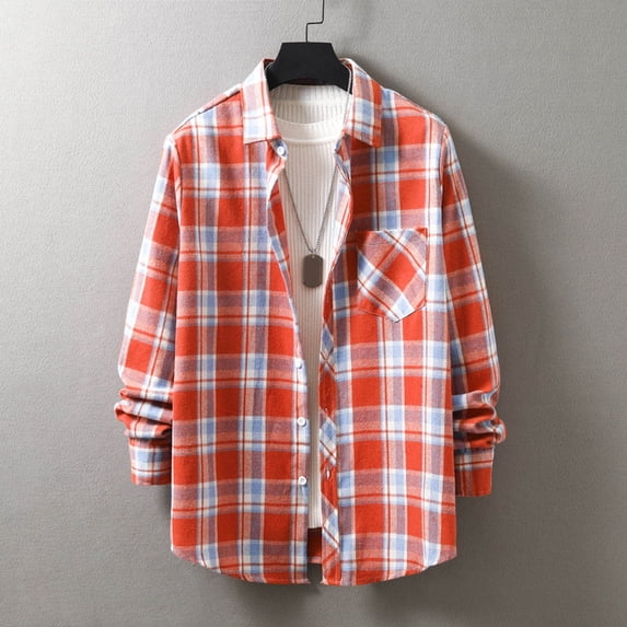 PEASKJP Mens Shirt Mens Winter Dress Long Sleeve Button Up Shirt (Orange,XXL)