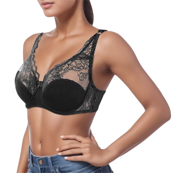 PEASKJP Padded Bras for Women Wirefree Full Figure Lace Wire-Free Bra Back Smoothing Bra, Black 90C