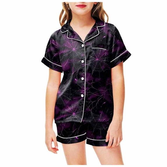 PEASKJP Pajamas Kids Girls Pajamas Set 2 Piece Button Down Pjs Soft Ruffle Sleepwear Loungewear (Dark Purple,6-7 Years)