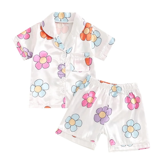 PEASKJP Pajamas Kids Girls Pajamas for Toddler Ruffled Kids Pajamas Set Short Sleeves Summer Pjs Sleepwear for Girl (White,4-5 Years)