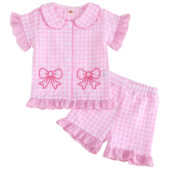 PEASKJP Pj for Girls Girls Satin Pajamas Set Button Down 2 Piece Silk Pjs Shorts Set Ruffle Sleepwear (Pink,4-5 Years)