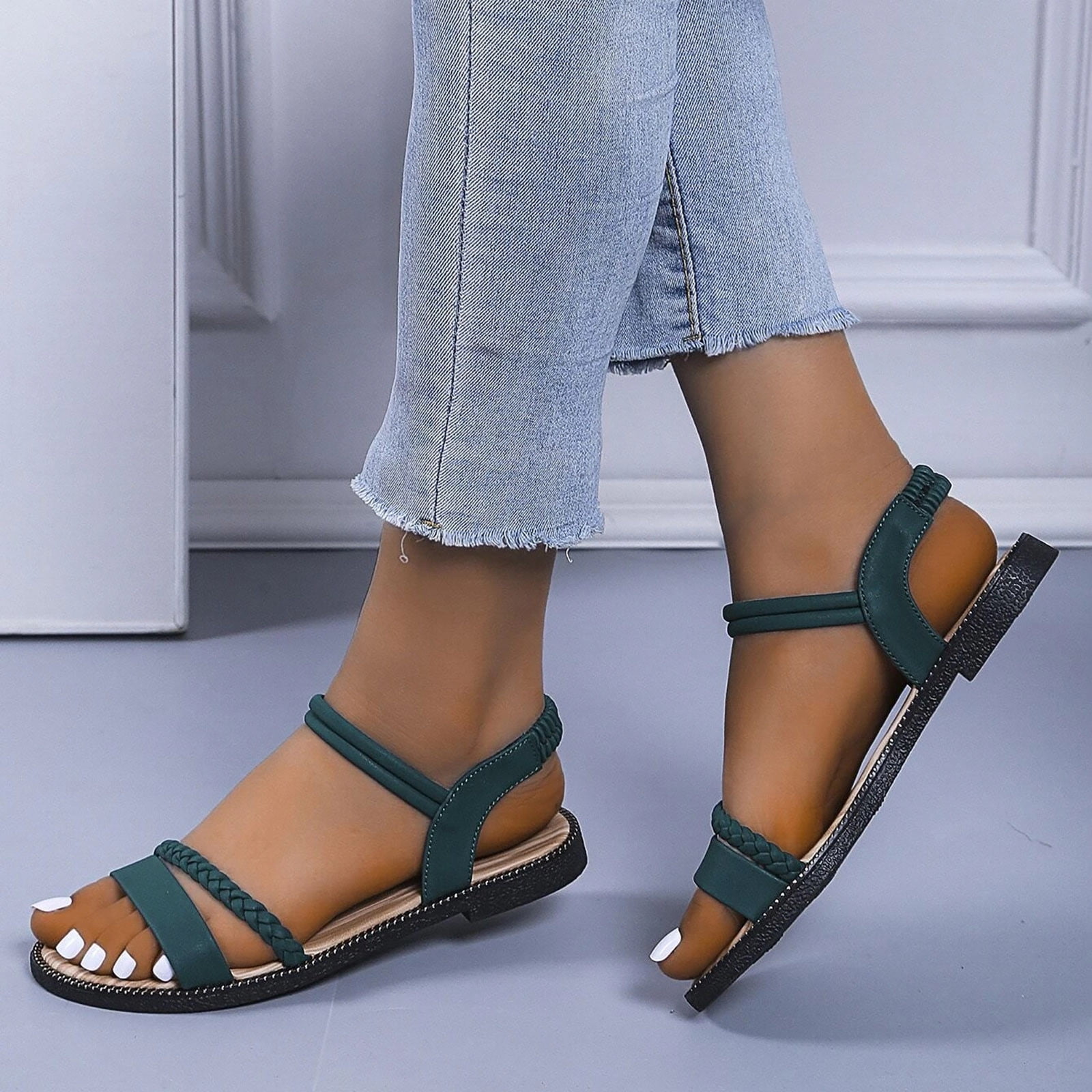 Leather Cross strap thick sole sandals Women Summer Non Slip Flat