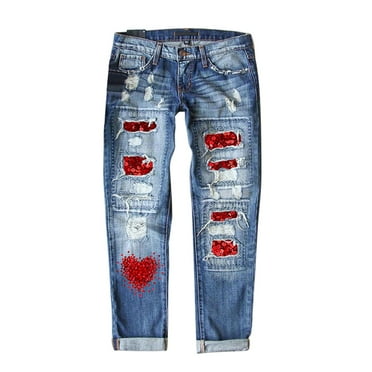 PEASKJP Plus Size Jeans Elastic Waist Women's Pull-On Knit Stretch Ripped Jeans Destroyed Denim Pants Plus Size (Red,L)