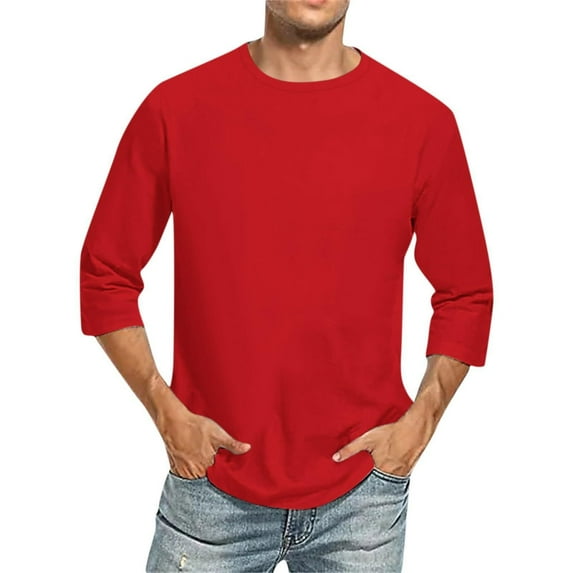 Razzly Comfortable Men T Shirts Crewneck 4 Sleeve Solid Color Fit Tee Shirt Tops for Everyday Wear - Stylish and Versatile(Red,L)