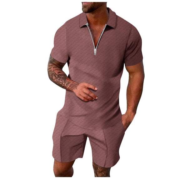 PEASKJP Polo Shirts for Men and Shorts Set Summer Outfits Casual Short Sleeve Suit 2 Piece Shorts Tracksuit Set (Brown,M)