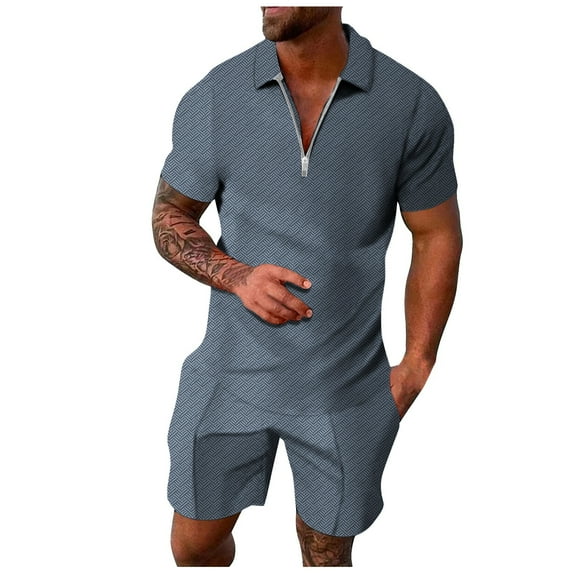 PEASKJP Polo Shirts for Men and Shorts Set Summer Outfits Casual Short Sleeve Suit 2 Piece Shorts Tracksuit Set (Light Blue,L)