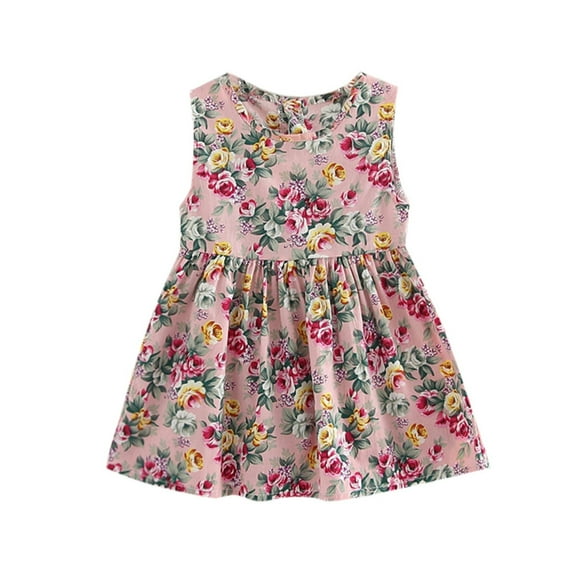 PEASKJP Princess Dresses for Girls Round Neckline Floral Prints Ruffle Hem Sleeve Sun Dresses Swing Princess Dresses Pink 90