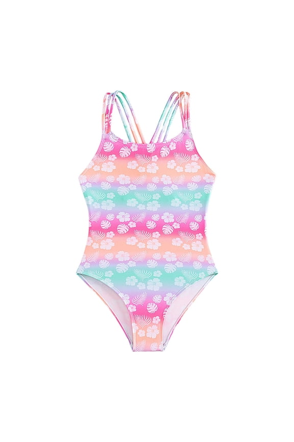 Rash Guard Swim Suit Girls One Piece Swimsuits Ruffle Bathing Suit Kids Hawaiian Floral Swimwear,Size 7-8 Years