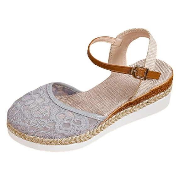 PEASKJP Sandals for Women Dressy Summer Ankle Buckle Sandals with Strap Bowknot Summer Beach Sandals Open Toe Espadrille Platform (Grey,9)