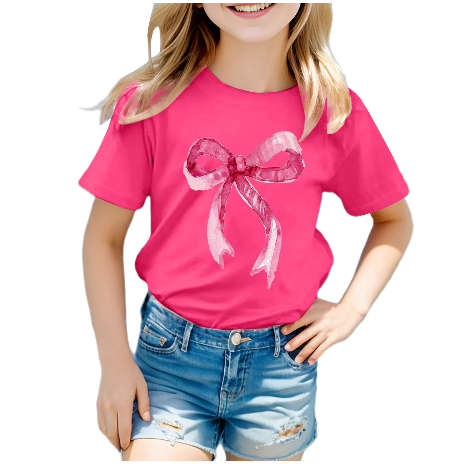 PEASKJP Shirts for Girls Graphic Tee Girls Casual Short-Sleeve T-Shirt Cute Print Summer Blouse for Girls,5-6 Years Hot Pink