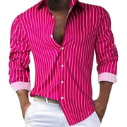 PEASKJP Shirts for Men Classic Fit Long Sleeve Button One Open Pocket Solid Basic Men Dress Shirt Hot Pink L