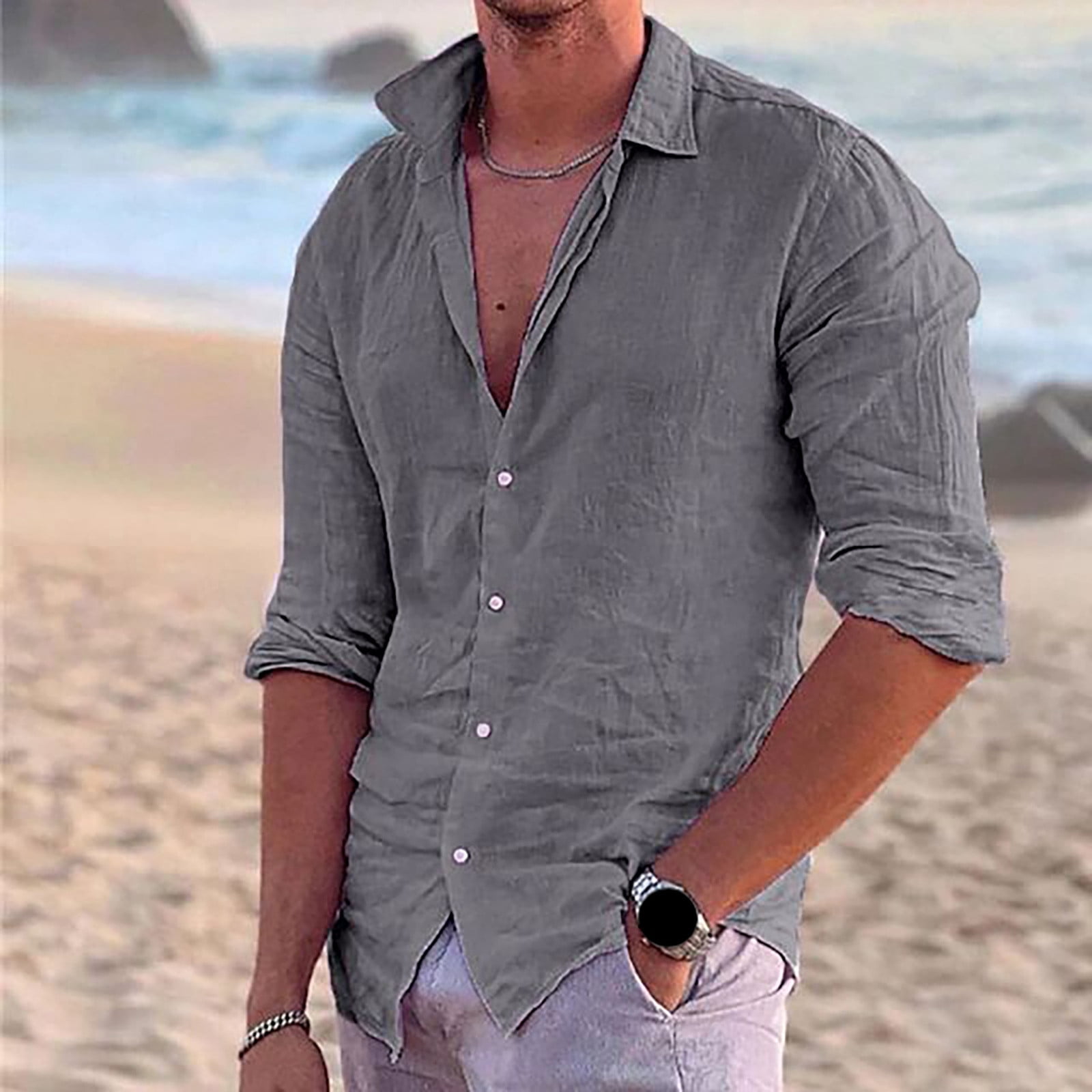 PEASKJP Shirts For Men Fashion Men Dress Shirt Long Sleeve Casual Business Button Up Shirt Grey Xxl