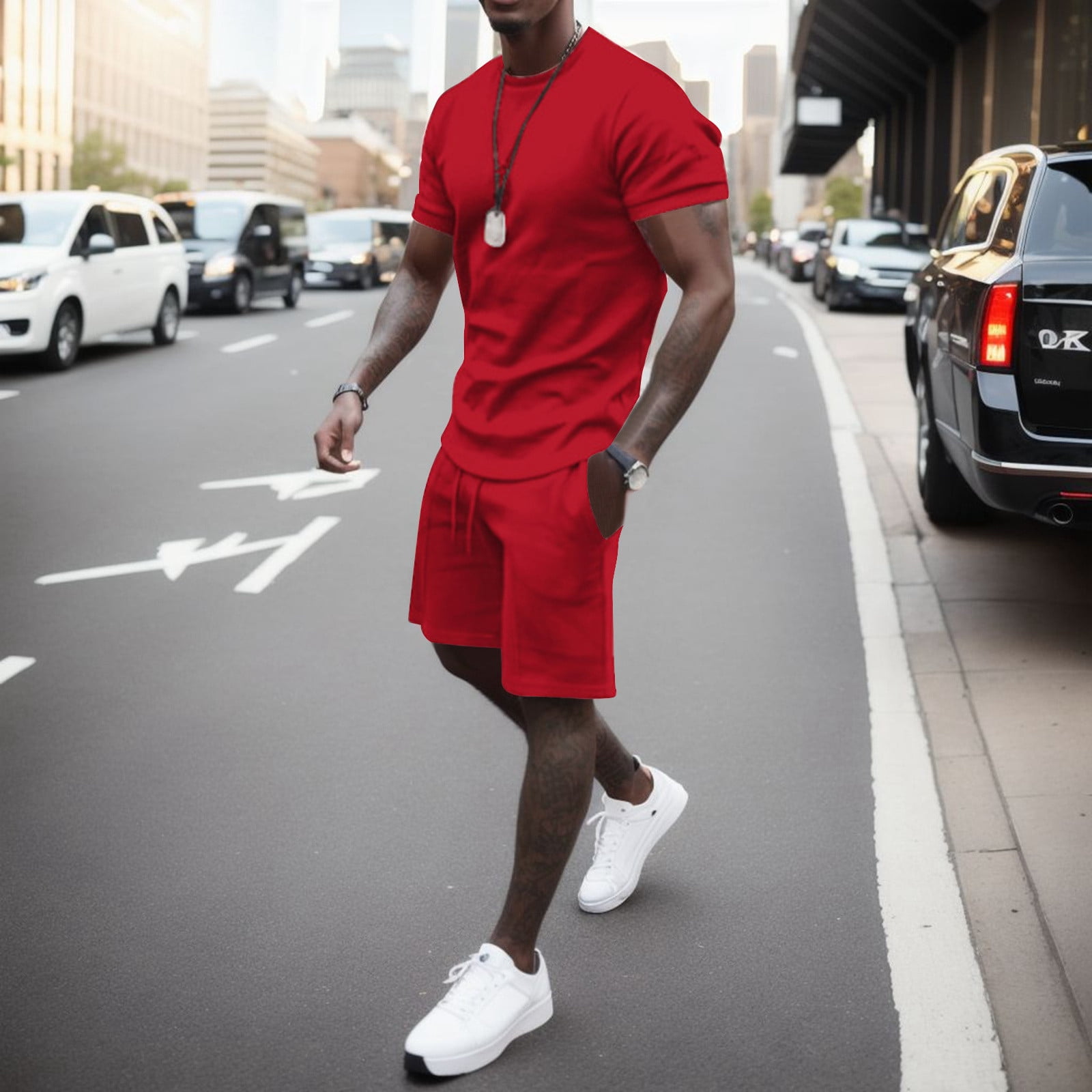 Red Short Set PEASKJP Short Sets for Men Casual Men's Short Sleeve Polo Shirt ...