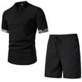 thumbnail image 1 of PEASKJP Shorts Sets Men Two Piece Outfits Men's Sets Short Sleeve Pleats Suits 2 Piece Button Down Shirt and Shorts Beach Outfits (Black,XXL), 1 of 3