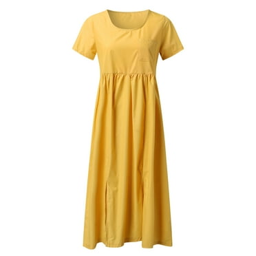 PEASKJP Spring Dresses for Women Plus Size Women's Summer Dress Sweet Cute Crew Neck Bell Sleeve Shift Dress Mini Dress (Yellow,L)