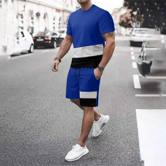PEASKJP Summer Casual Short Sets Men 2 Piece Waffle Set Casual Short Sleeve Shirt and Short Summer Beach Set (Blue,5XL)