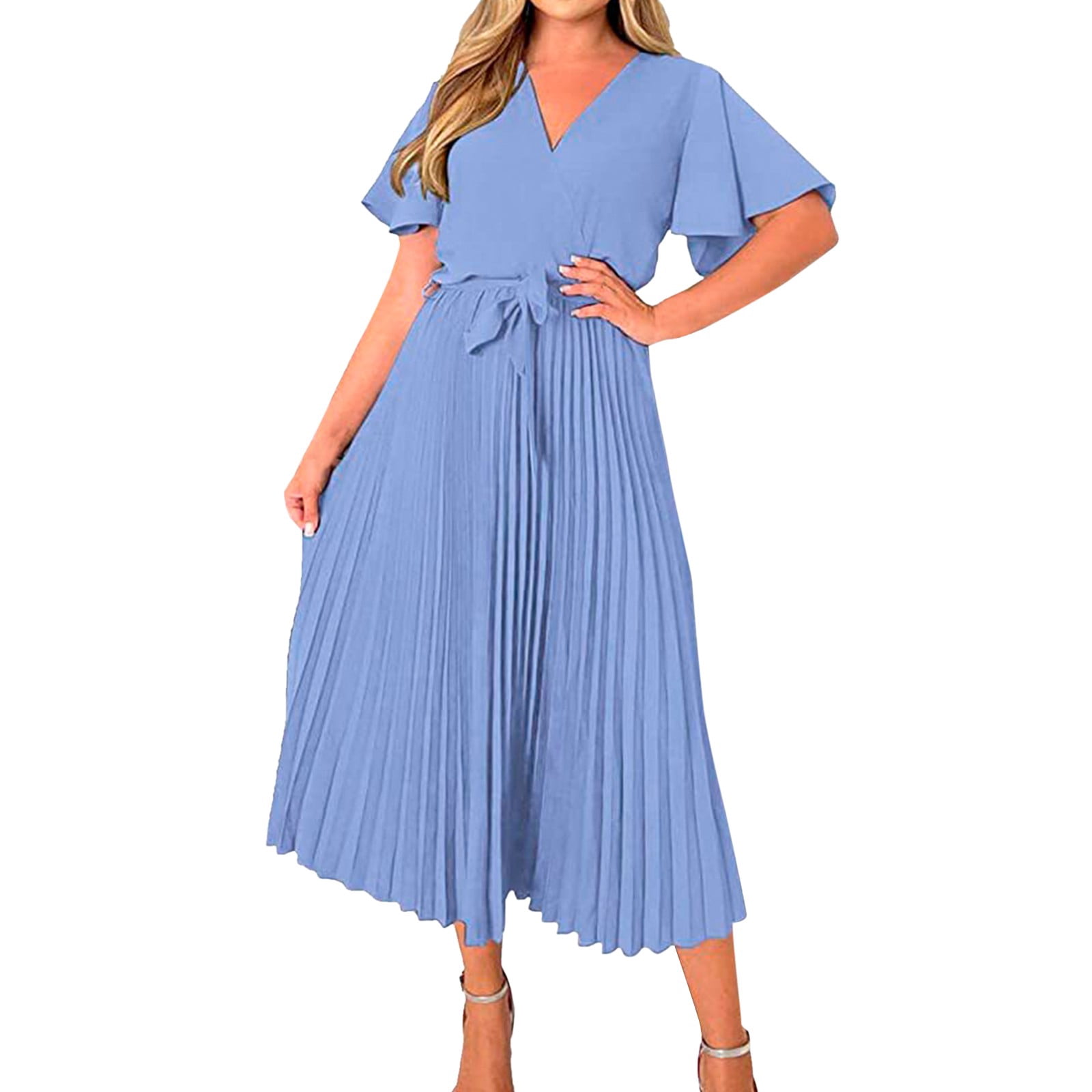 PEASKJP Summer Dresses for Women 2023 Flutter Sleeves Pleated V Neck Belted  Wrap Dress Flare Dress Light Blue S - Walmart.com