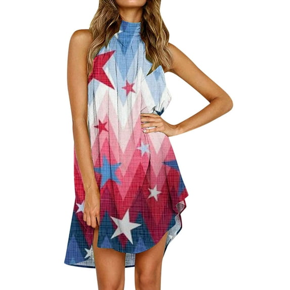 PEASKJP Summer Dresses for Women 2023 Independence Day Print Dress Summer Casual Boho Short Sleeve V-Neck Floral Print Short Party Dress E XX-L