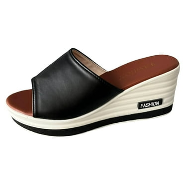 PEASKJP Summer Sandals for Women Trendy Women's Elastic Ankle Strap Low Wedges Sandals (Black,6.5)