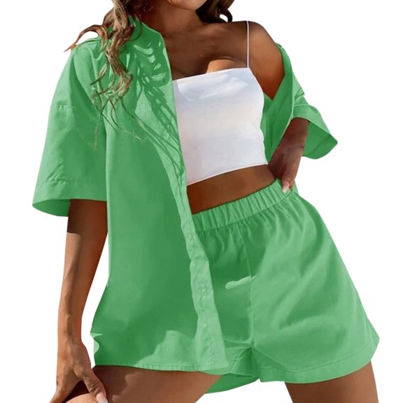 PEASKJP Summer Short Sets Women's Matching Set Summer Beach 2 Piece Outfits Flower Shirts and Shorts (Green,S)
