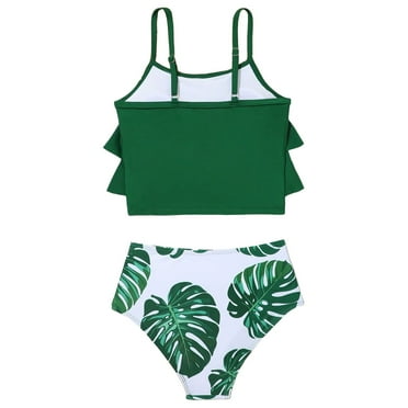 PEASKJP Swimsuit for Girls Two Piece Girls Swimsuit Two Piece Tankini Set Ruffle Bikini Bathing Suit for Toddler Kids High Waisted Swimwear Floral,Green 12-13 Years