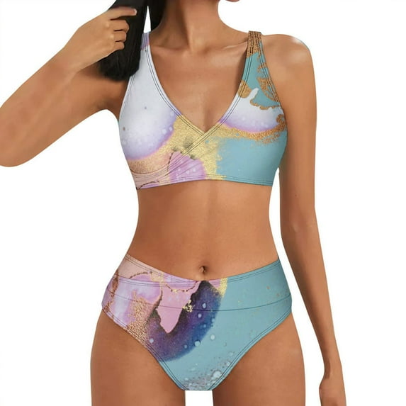PEASKJP Swimsuits for All Women's Two Piece Plus Size High Wasit Slim Fit Floral Prints Bikini Swimwear Mint Green S