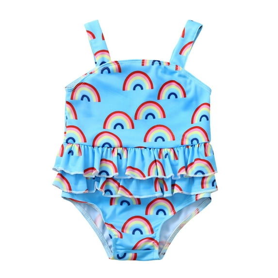PEASKJP Swimsuits for Girl Tie-Dye Quick Dry Ribbed Swimswear Ruffle Hem 1-Piece Swimsuit Blue 80