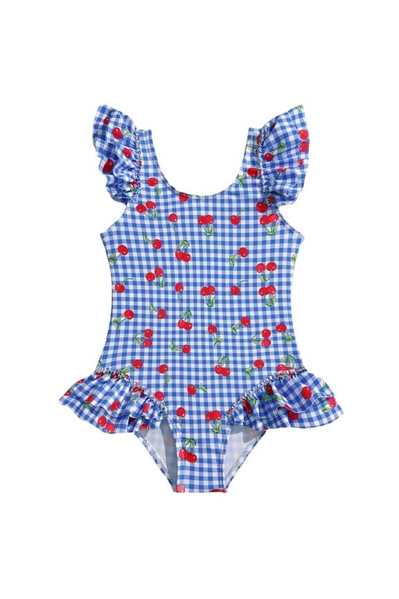 Swimsuits for Tweens Girls One Piece Swimwear Tropical Fruit Heart Print Ruffle Bathing Suit,Size 5-6 Years