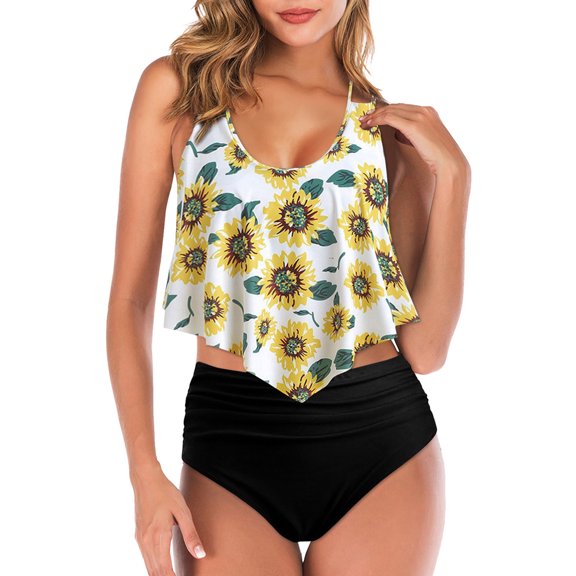 PEASKJP Swimsuits for Women 2 Piece Plus Size High Waisted Modest 2 PC Bathing Suit Black M