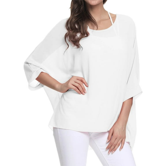 Razzly Women's Chiffon Shirt Summer Beach Cover Up Blouse Casual Lightweight Flowy Tunic Top Elegant Outerwear For Sun Plus Size(White,One Size)