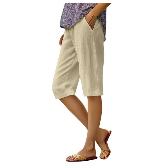 Razzly Women's Casual Pants Fashion Solid Elastic Large Pocket Capris for Everyday Wear(Khaki,S)