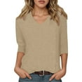 thumbnail image 1 of Razzly Women's V Neck 3/4 Sleeve Casual T Shirt Soft Comfortable Basic Top Stylish Loose Fit Tee For Everyday Wear(Khaki,2XL), 1 of 5