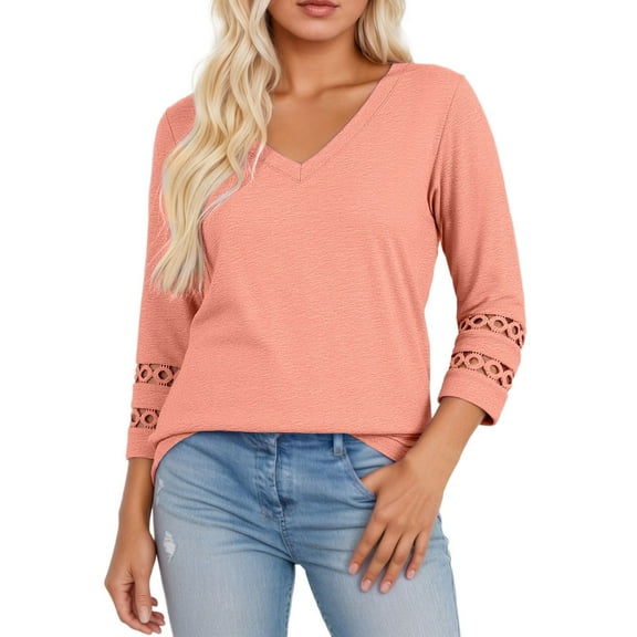 Razzly Women's V Neck Loose Blouse Three Quarter Sleeve T-Shirt Soft Stretch Comfortable Breathable Casual Daily Wear Fashion Top(Pink,XL)