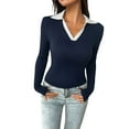 thumbnail image 1 of Razzly Women's Knitted Collar T-Shirt Elegant Slim Fit Top Casual Business Wear Ribbed Long Sleeve Shirt Comfortable Outfit(Dark Blue,M), 1 of 8